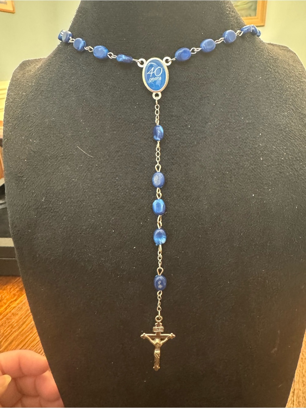 40th anniversary commemorative Catholic rosary featuring glossy blue beads, silv